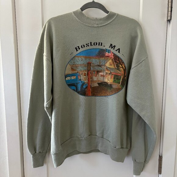 Vintage Boston Crewneck Sweater XL Green Gray Classic Americana 80s Retro USA - Picture 1 of 7